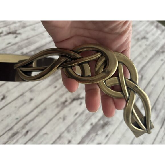 CHICOS Brown Gold Man Made And Leather Belt SZ S/M Rustic Scroll Slouch Belt! - Picture 3 of 12